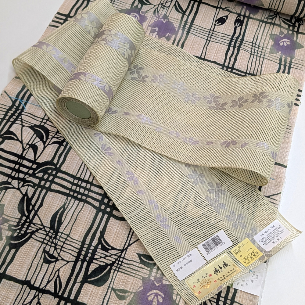 夏帯 本場筑前博多織の紗半幅帯【若苗色 桜】 夏帯 本場筑前博多織の紗半幅帯【若苗色 桜】