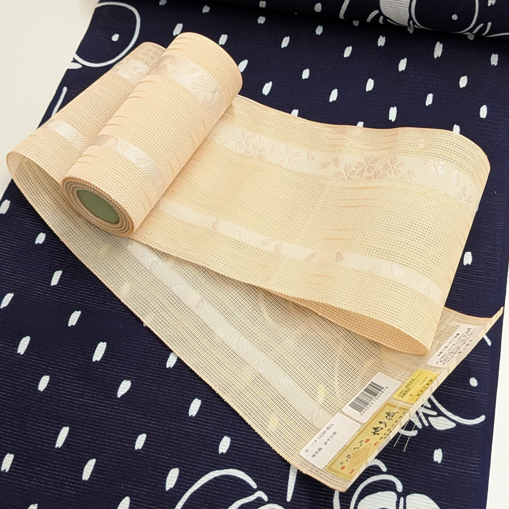 夏帯 本場筑前博多織の紗半幅帯【卵色 桜】 夏帯 本場筑前博多織の紗半幅帯【卵色 桜】