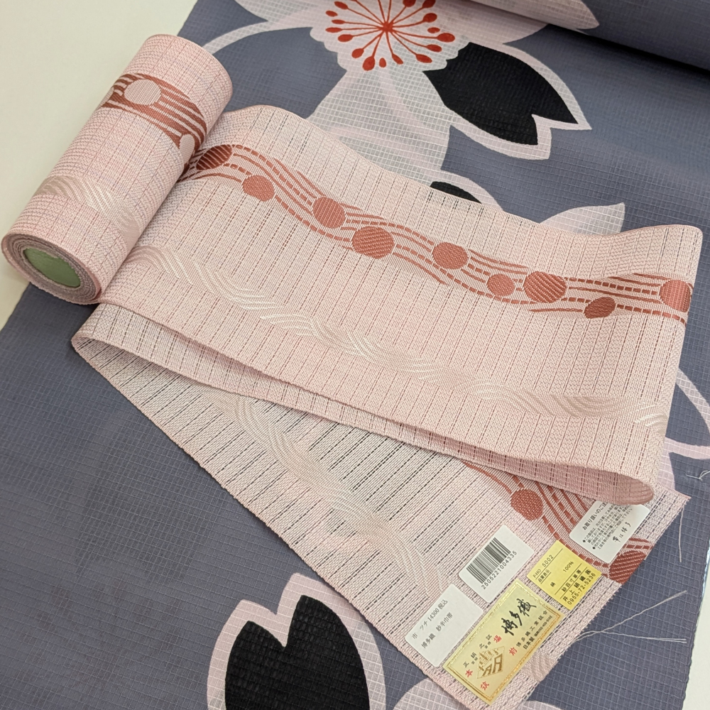 夏帯 本場筑前博多織の紗半幅帯【珊瑚色 波縞に水玉】 夏帯 本場筑前博多織の紗半幅帯【珊瑚色 波縞に水玉】