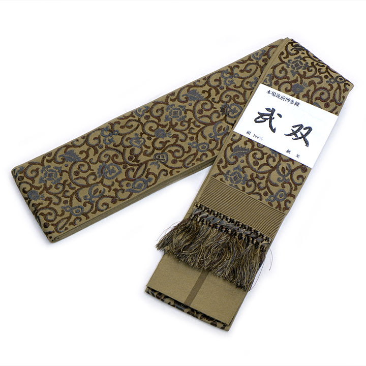 本場筑前博多織 武双角帯【唐草 カーキ色】 本場筑前博多織 武双角帯【唐草 カーキ色】
