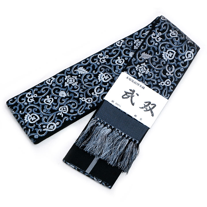 本場筑前博多織 武双角帯【唐草 黒 藍鼠】 本場筑前博多織 武双角帯【唐草 黒 藍鼠】